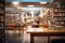 Library interior with bookshelves and tables, shallow depth of field, blurry college library. Bookshelves and a classroom in