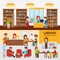 Library interior with people, reading books infographic elements.