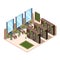 Library interior. University school room with bookshelves librarian campus vector isometric building