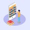Library mobile online isometric concept. Micro people reading books.