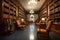 library with rows of bookshelves and classic reading chairs in the background