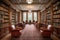 library with rows of bookshelves and classic reading chairs in the background