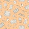 Library seamless pattern. Paper books, newspaper, glasses, magnifier in doodle style.