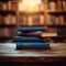 Library serenity Books stacked on wooden table, blurred bookshelf backdrop