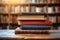 Library serenity Books stacked on wooden table, blurred bookshelf backdrop