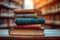 Library serenity Books stacked on wooden table, blurred bookshelf backdrop