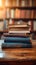 Library serenity Books stacked on wooden table, blurred bookshelf backdrop