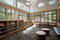 library setting with bookshelves, reading nooks, and natural light