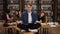 In the library during the studying. Young male student meditating on the desk in the lotos pose while his classmates on