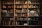 Librarys treasure trove vintage books on a massive wooden bookshelf