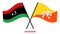 Libya and Bhutan Flags Crossed And Waving Flat Style. Official Proportion. Correct Colors