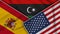 Libya United States of America Spain Flags Together Fabric Texture Illustration