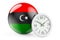 Libyan flag with clock. Time in Libya, 3D rendering