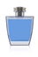 The lid is round silver with texture. Blue perfume bottle. 3D rendering