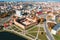 Lida, Belarus. Aerial Bird`s-eye View Of Cityscape Skyline. Lida Castle In Sunny Autumn Day. Famous Popular Historic