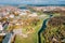 Lida, Belarus. Aerial Bird`s-eye View Of Cityscape Skyline. Lida residential area In Sunny Autumn Day