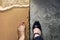 Life Balance concept for Work and Travel present in Top view position by half of Business Working Woman Shoes on Cement Floor and