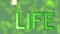 For life banner, green 3d letters, quality stars on green background with blurry bokeh lights, symbol 4life