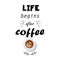 Life begins after coffee. Vector illustration. Hand lettering inspiration poster with coffee cup in flat style. For poster, banner