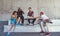 Life is better with friends. a group of skaters having lunch together.