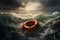 Life buoy teetering in a stormy sea under gray turbulent skies