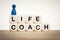 Life coach concept with toy dice and pawns