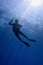 Life-giving sunlight underwater. Sun beams shinning underwater and Scuba diver woman silhouette in the blue water