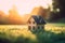 Life and Home Concept: Miniature Model House on Green Grass with Sunlight Abstract Background. created with Generative AI