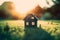 Life and Home Concept: Miniature Model House on Green Grass with Sunlight Abstract Background. created with Generative AI