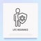 Life insurance thin line icon: man with shield. Modern vector illustration