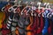 Life jackets on hanger closeup. Colorful life vests