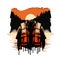 life jackets vector illustration IN WATERFALL SUNSET BACKGROUND T SHIRT DESIGN