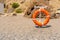 Life red sunset equipment protection buoy lifebuoy rescue lifesaver ring, from safe danger from guard from sea orange