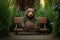 life-size bear doll sitting on a bench, surrounded by greenery