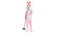 Life size stuffed easter bunny sings in retro microphone, celebrates easter, dances on white background. Funny, happy