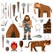 Life stone age caveman cave bonfire mammoth bone vector.