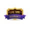 Life time warranty guarantee golden label badge stamp with purple ribbon design, vector.