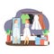 Daily life. Women clothing store. Happy girl trying on white dress in front of mirror, flat vector illustration.