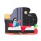 Daily life. Young woman reading book in her bed at night before going to sleep, flat vector illustration.