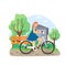 Daily life. Young woman riding bicycle in the park, flat vector illustration. Daily routine, everyday activities.