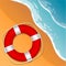 Lifebuoy on the beach. Beach, sea and sand. Vector Image.