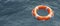 Lifebuoy on blue ocean background. Orange color life buoy ring, marine safety