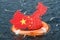 Lifebuoy with Chinese map in the open sea. Safe, help and protect concept. 3D rendering