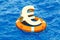 Lifebuoy with golden euro symbol on the open sea, 3D rendering