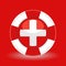 Lifebuoy / life preserver with medical cross icon concept on red background.