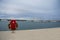 Lifebuoy in the marina for yachts. Red circle on the boat dock. uxury Yachts And Boats In Valencia Port At Mediterranean