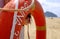 Lifebuoy on the pole on the beach side for thrown to a person in the water to rescue or provide buoyancy and prevent drowning - Li