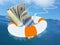 Lifebuoy round  round sea huge waves money dollars - 3d rendering