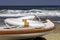 Lifebuoy safety equipment on the background of the waves of the Mediterranean Sea.