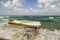 Lifebuoy safety equipment on the background of the waves of the Mediterranean Sea.